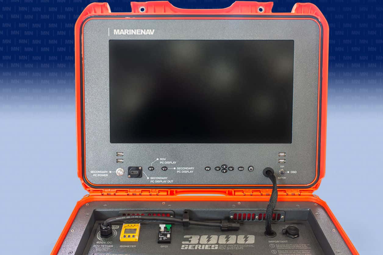 Detail of the 3000 series topside lid with 18.5 video panel and built-in secondary computer connection ports