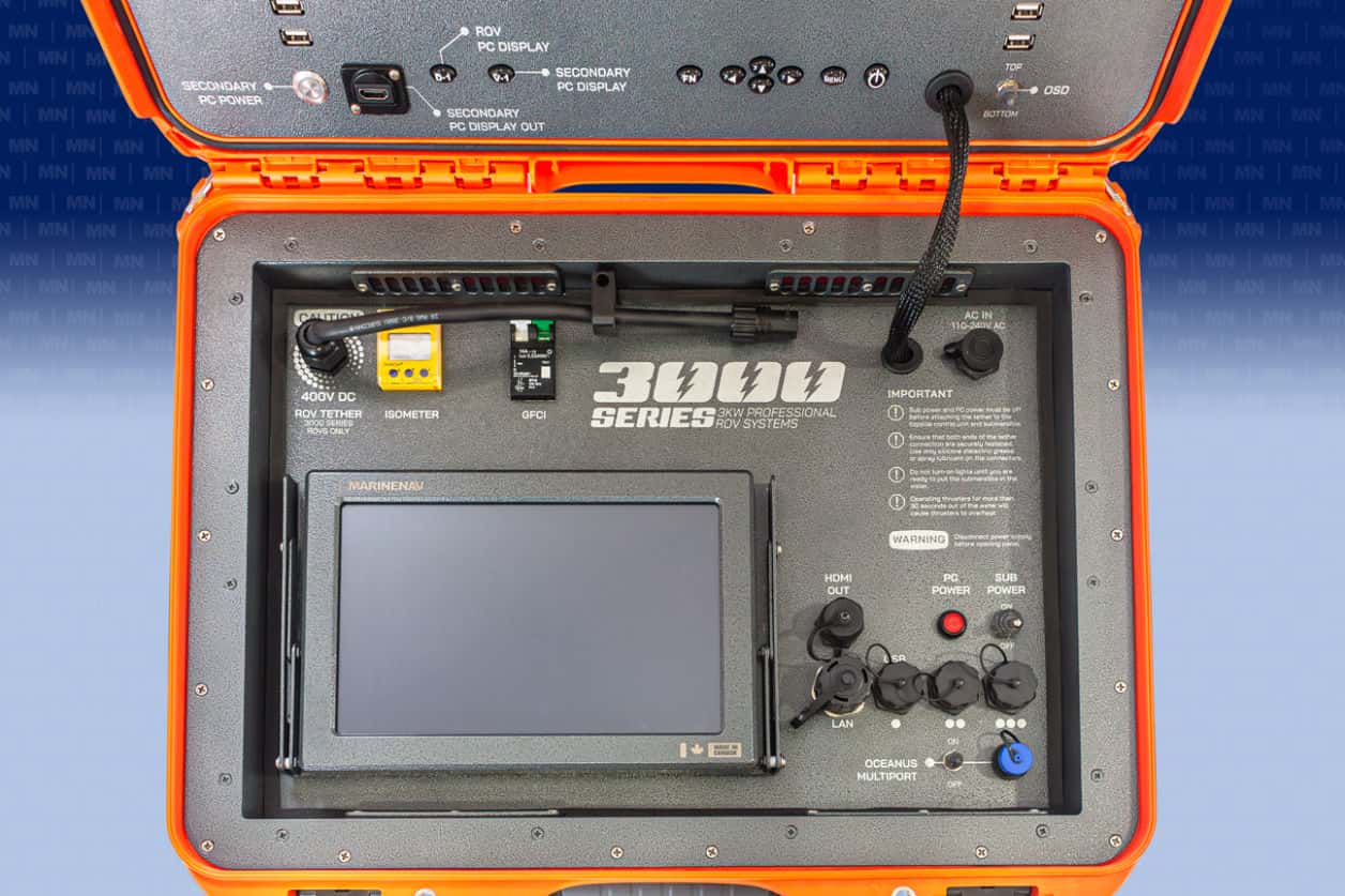 Detail of the 3000 series topside base connectors and 10.1 touch-sensitive FCS software screen