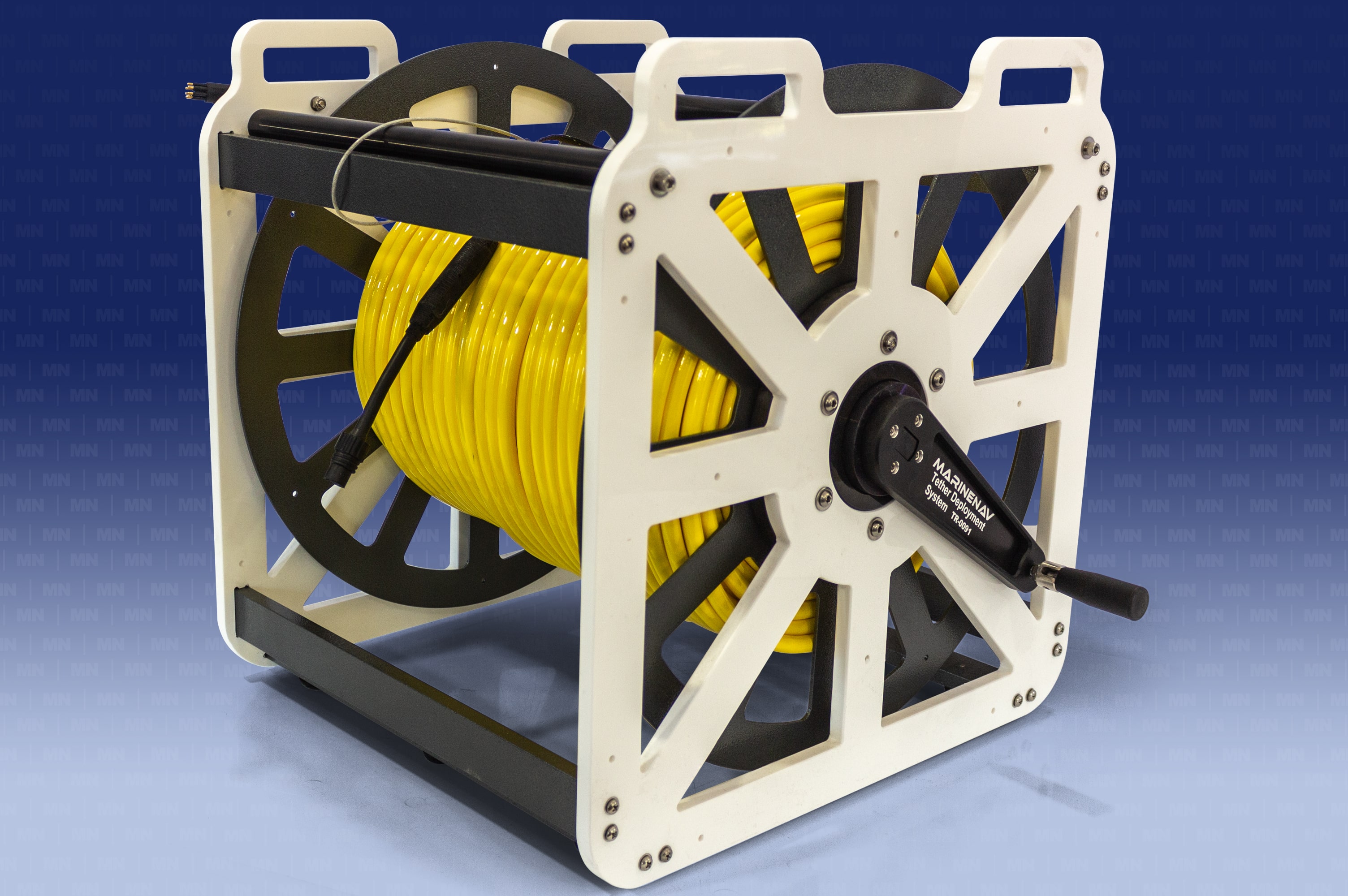 Mid-sized Tether Deployment system for larger spools of tether. A built in roller system deploys and retrieves tether minimizing risk of tangles and knotting.