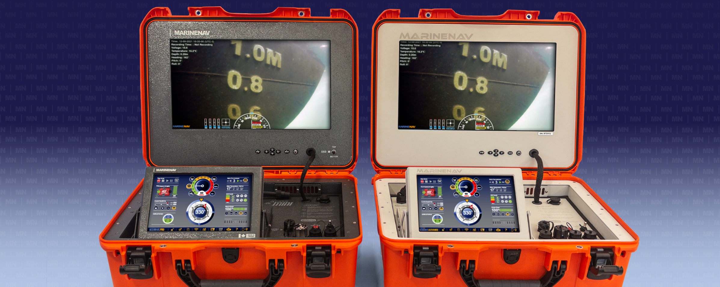 The Topside Control Case is the operational hub of all MarineNav ROV systems. Pictured are topsides for the Oceanus Mini/Pro and Oceanus Ultimate ROV systems