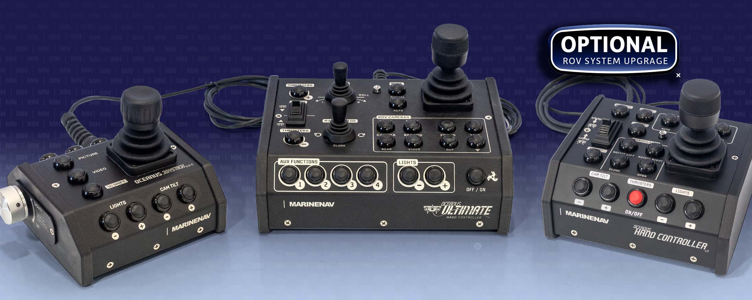 From left: Oceanus Handcontroller (v2.1) developed for the Oceanus Mini and Pro, Oceanus Ultimate Handcontroller (v4) developed for use with the Oceanus Ultimate, and the Oceanus Handcontroller (v3). An optional upgrade available for use with the Oceanus Mini and Pro ROV systems