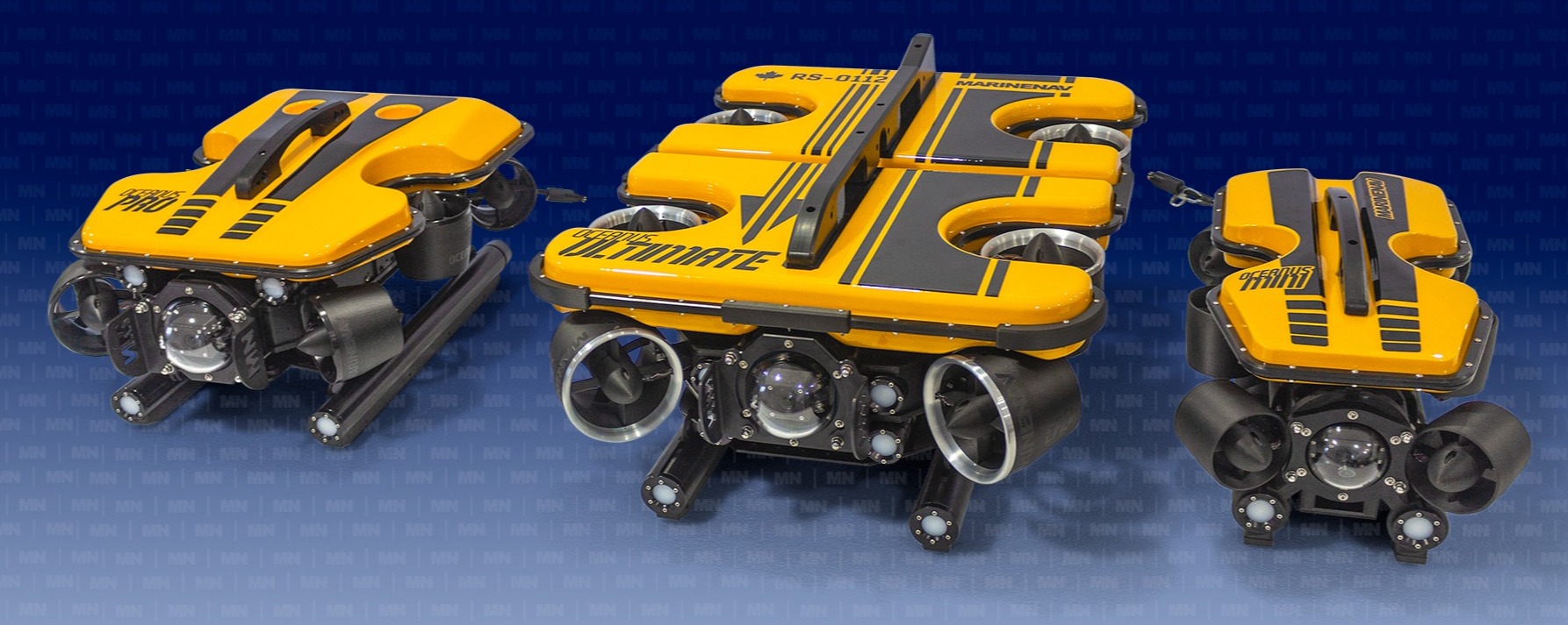 Image of MarineNav ROVs. From left; the Oceanus Pro, the Oceanus Ultimate and the Oceanus Mini