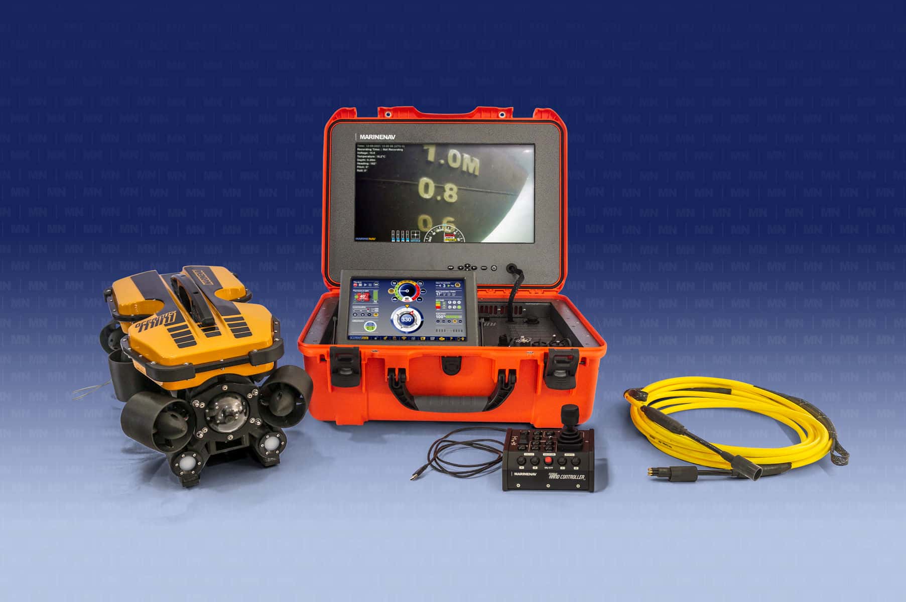 The Oceanus Mini ROV system with open topside case. Tether is sold separately