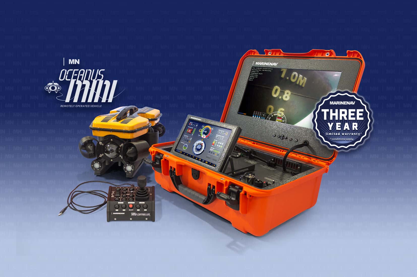 The Oceanus Mini system includes the Mini ROV, topside control case and standard Oceanus Hand Controller (v3.0)