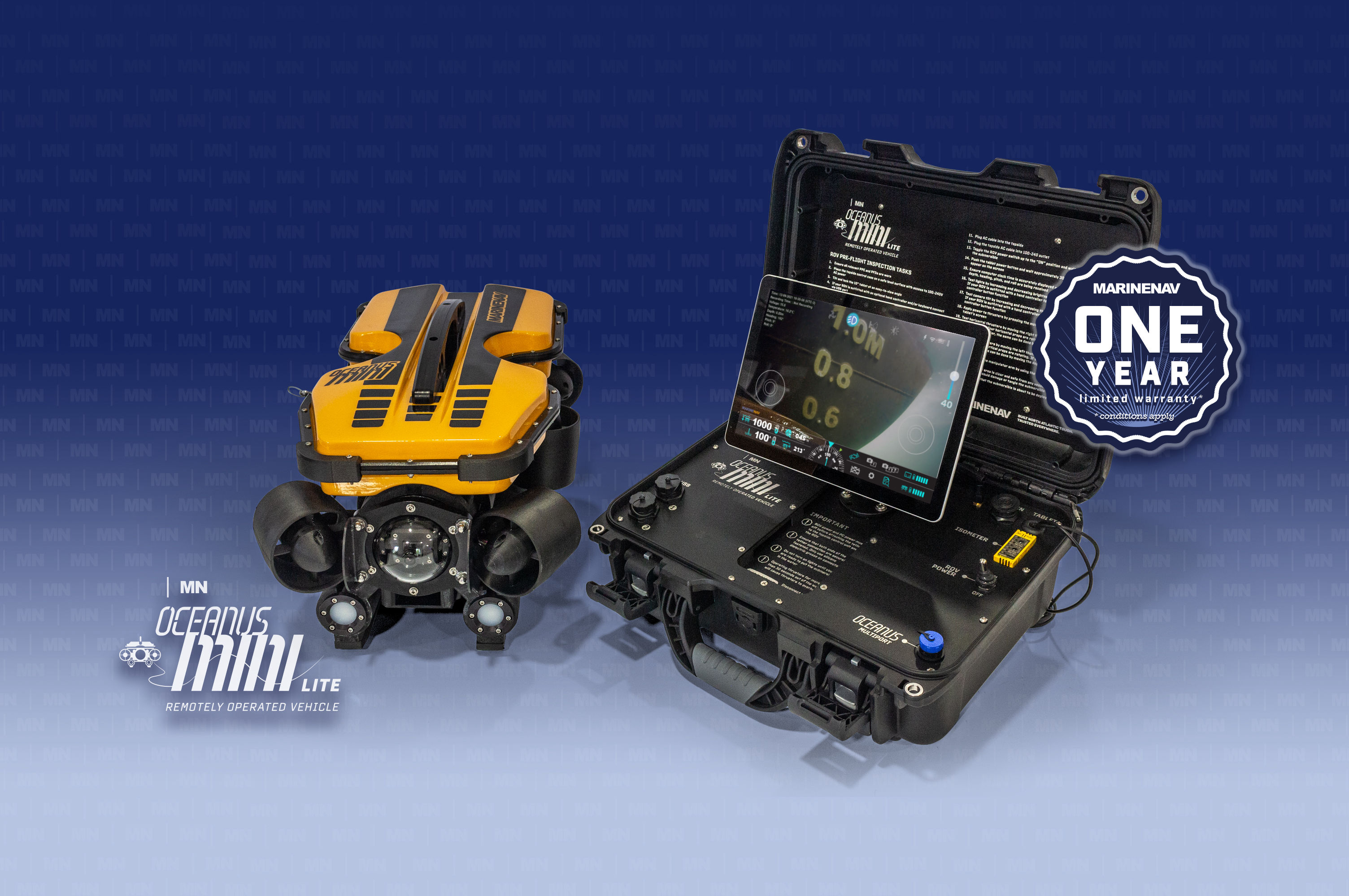The Oceanus Mini system includes the Mini ROV, topside control case and standard Oceanus Hand Controller (v2.1)