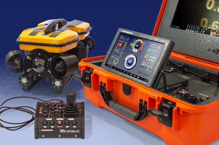 Responsive ROV hand controllers. Rugged topside ROV control hub. Touch-sensitive software