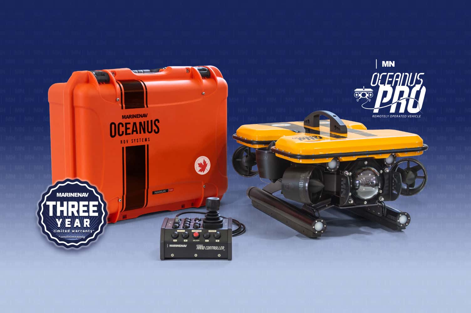 Marinenav's Oceanus Pro Classic ROV system includes the Mini/Pro topside control case, the Oceanus Pro ROV and the standard Oceanus Hand Controller (v3.0))