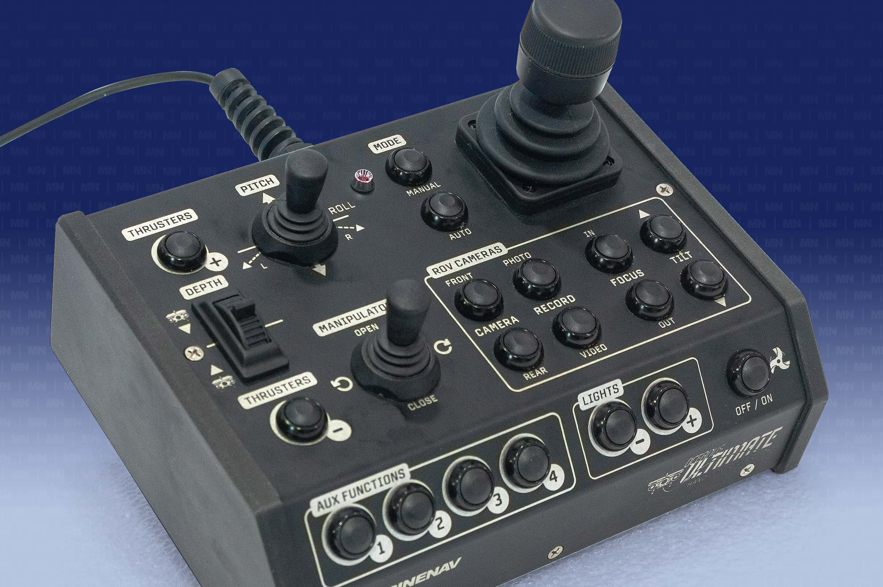 The Oceanus Ultimate Hand Controller with command button array, thumb wheel, micro joystick and main joystick controls