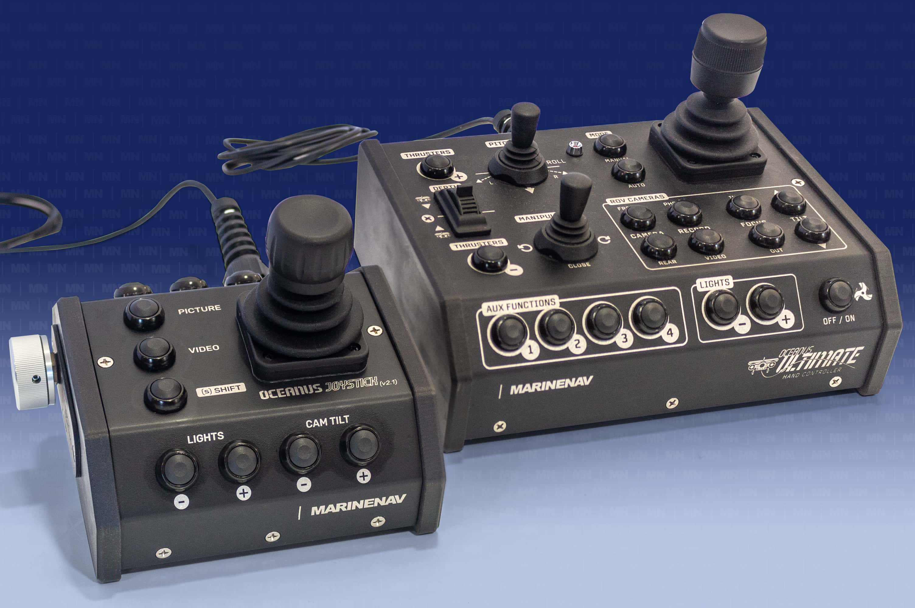 Side by side view of the Oceanus Hand Controller (v2.1) and the Oceanus Ultimate Hand controller (v4.0) developed for the Oceanus Ultimate)