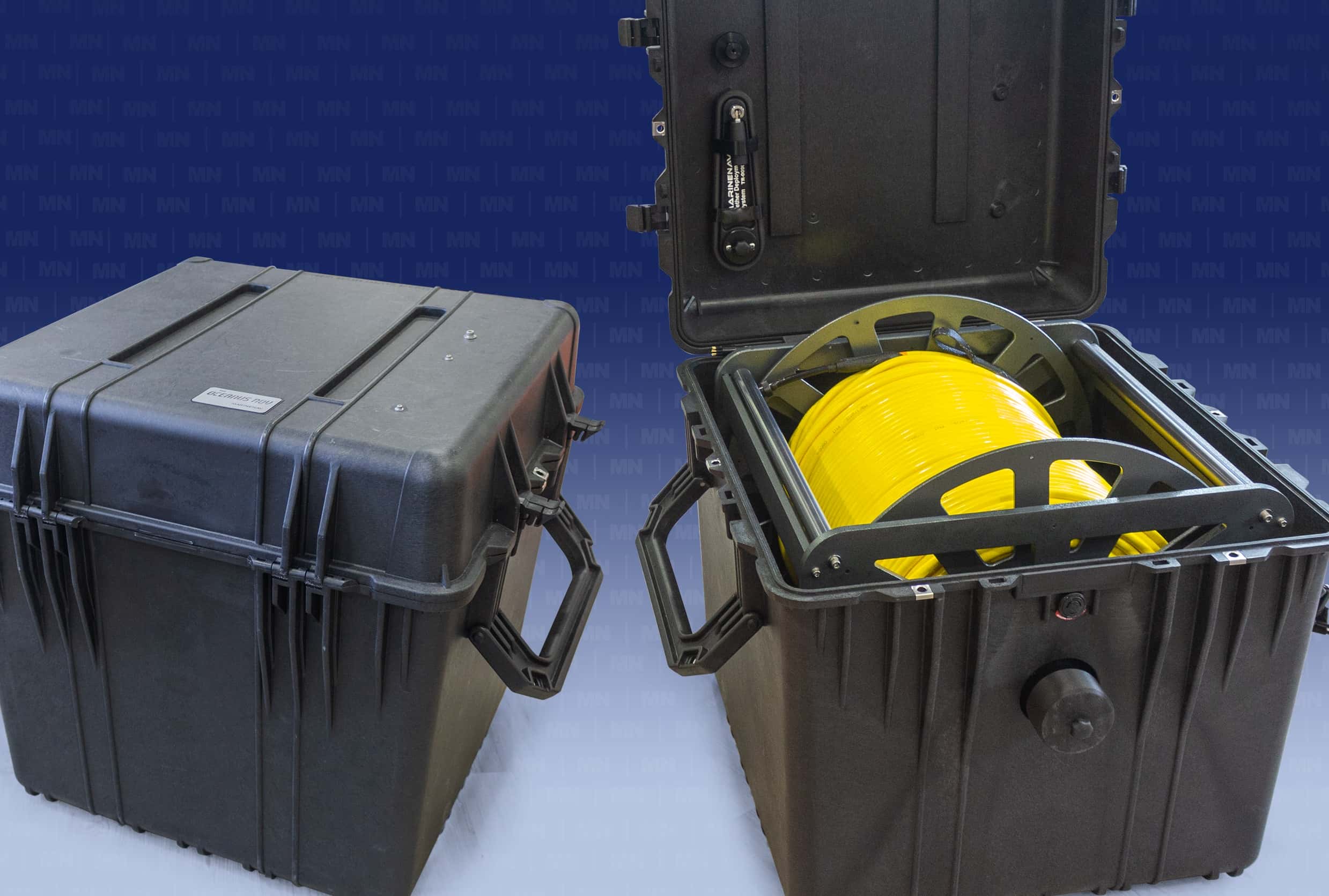 A wheeled self-contained tether management reel capable of controlled deployment and retrieval of tether lengths of up to 600m (1969 ft)