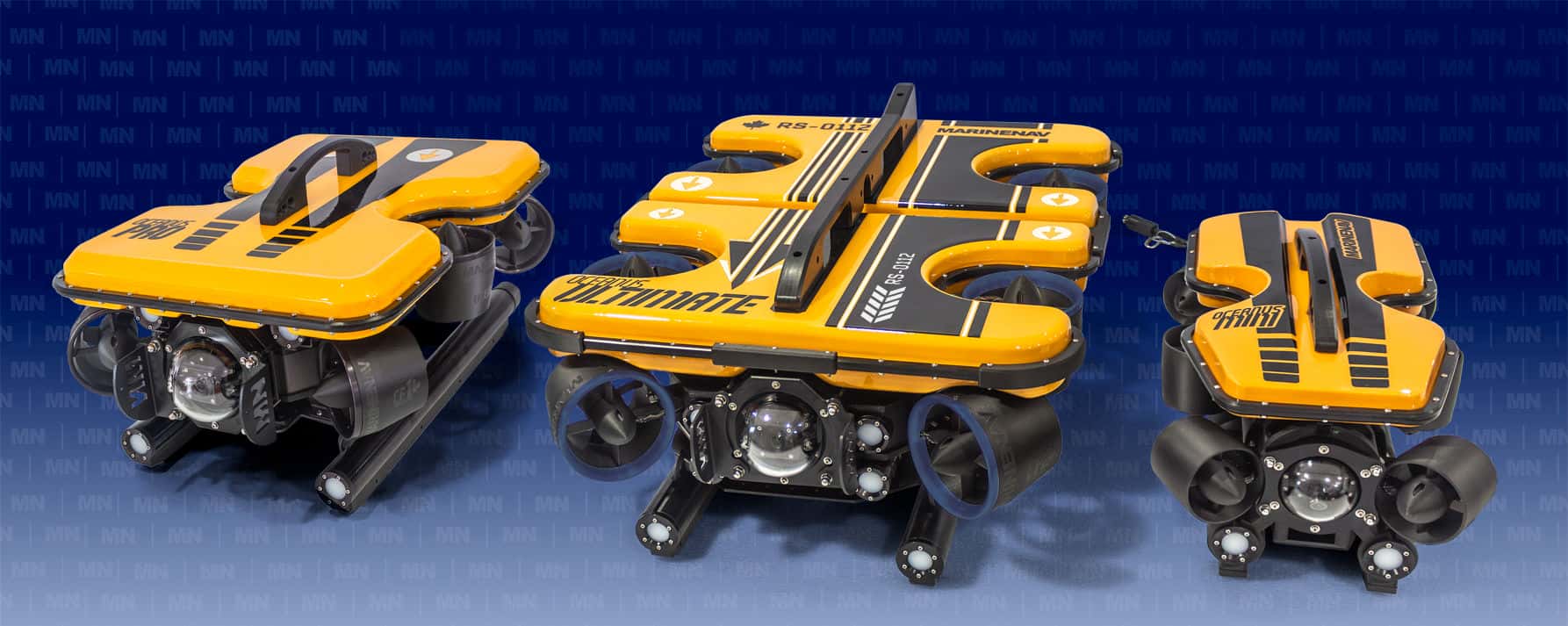 Image of MarineNav ROVs. From left; the Oceanus Pro, the Oceanus Ultimate and the Oceanus Mini