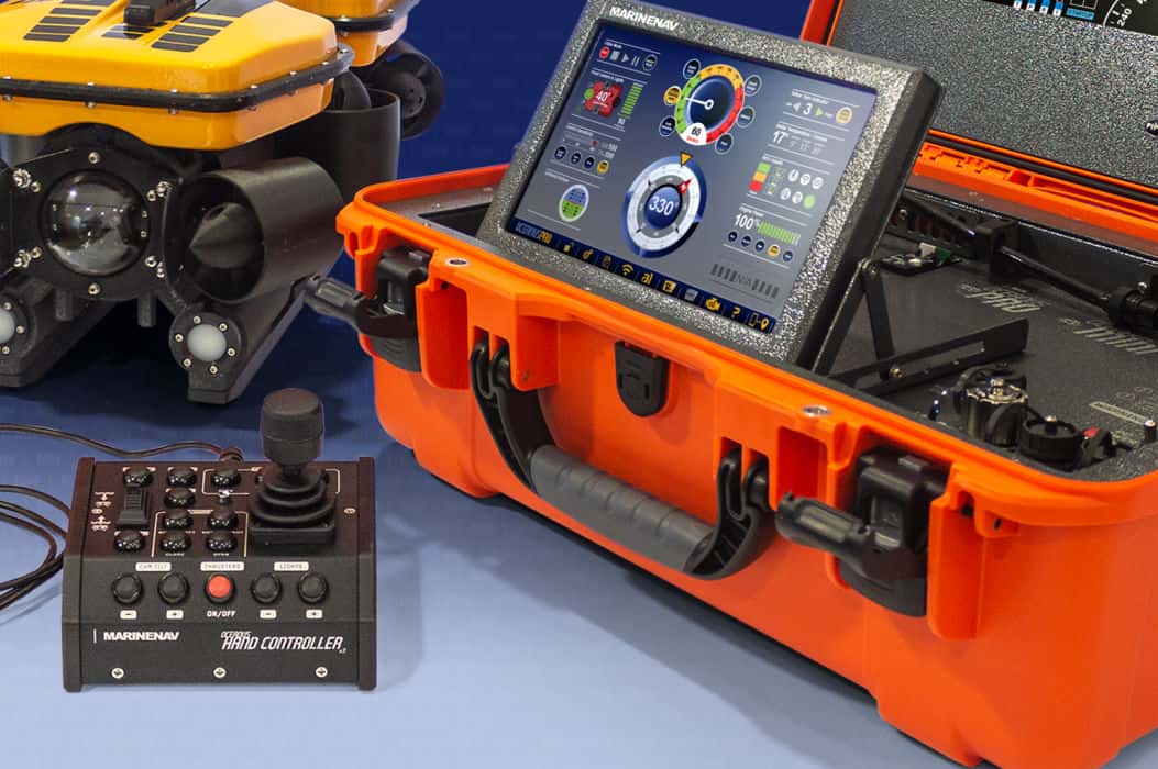 Responsive ROV hand controllers. Rugged topside ROV control hub. Touch-sensitive software