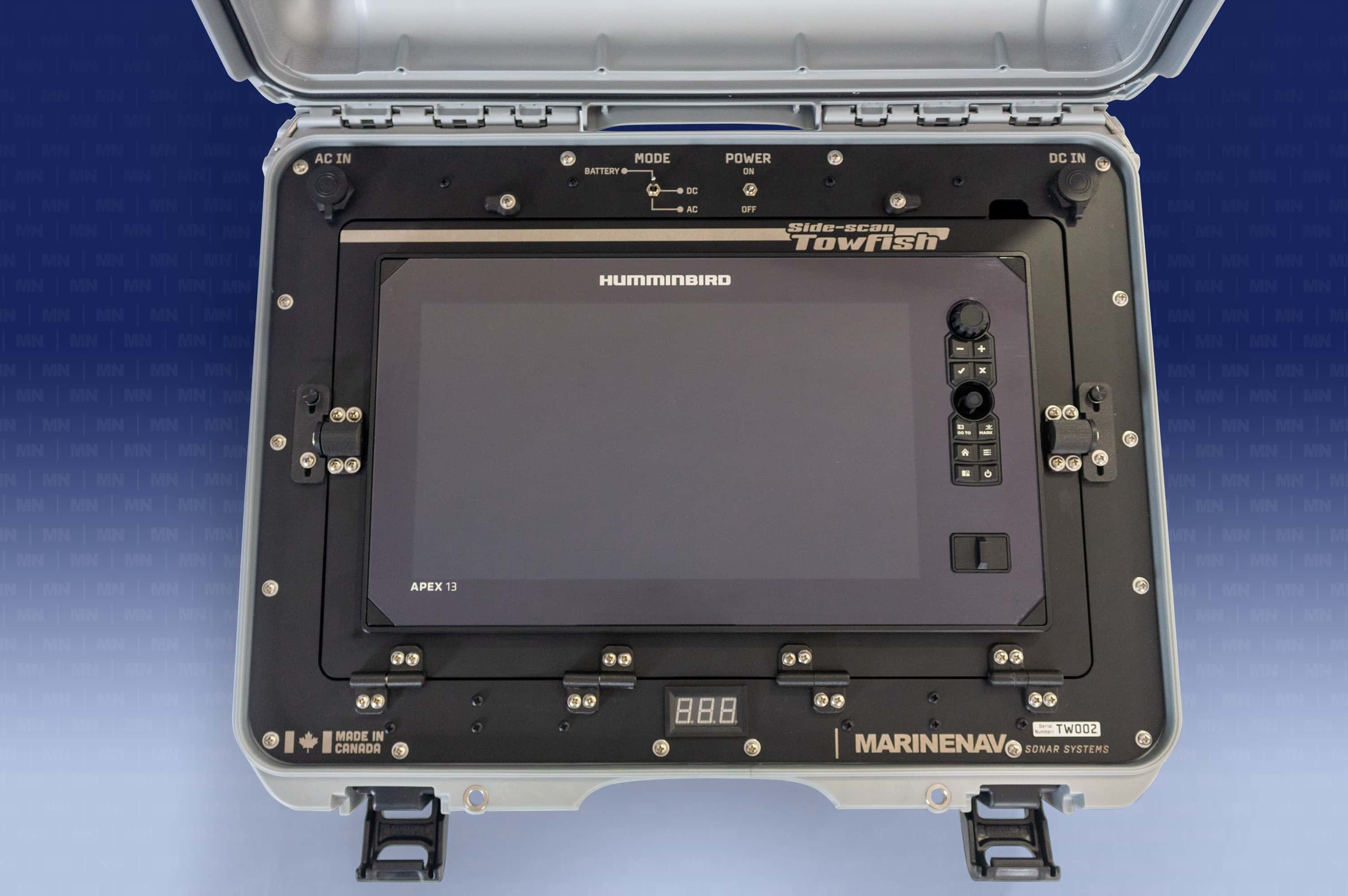 Detal view of MarineNav's standard 13" Side-scan towfish topside